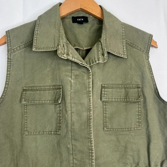 Fate Army Green Sleeveless Utility Vest Button Up Drawstring Waist Size Medium - Picture 3 of 9